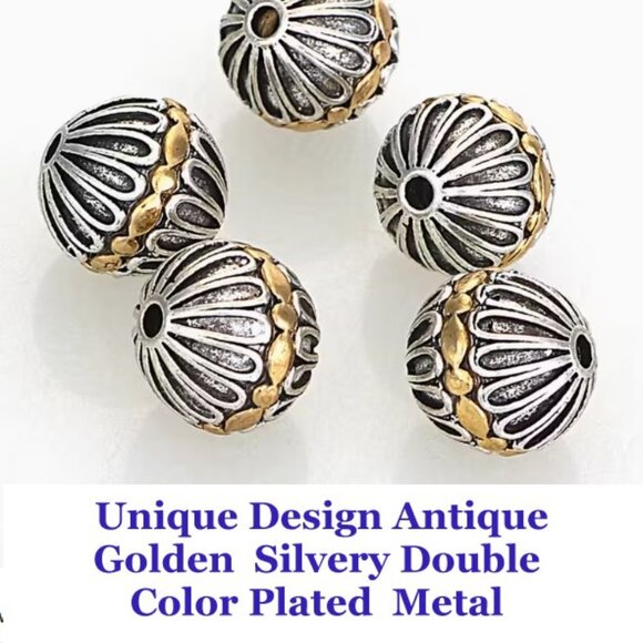 Unique Design Antique Golden Silvery Double Color Plated Cast Metal 5 Beads - Picture 1 of 2